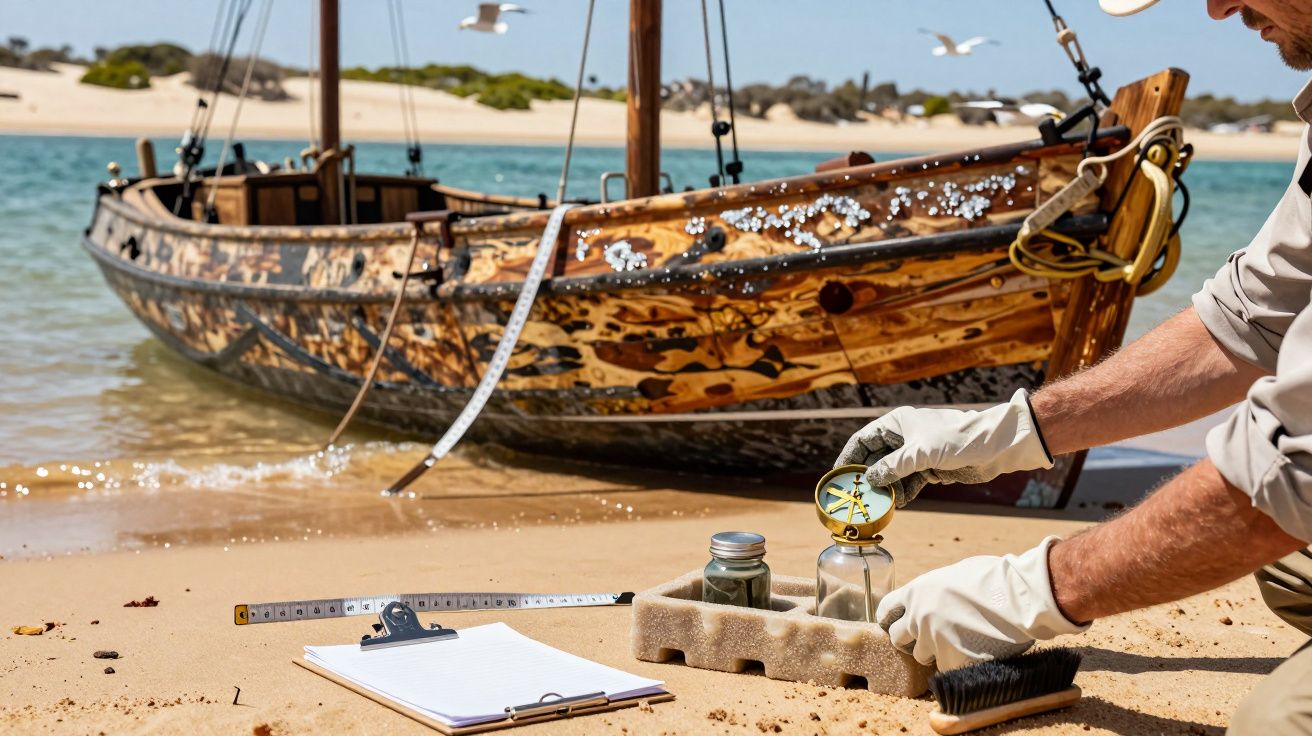 Homem recolhe amostras na praia junto a barco de madeira. Instrumentos científicos ao lado. Gaivotas voam ao fundo.