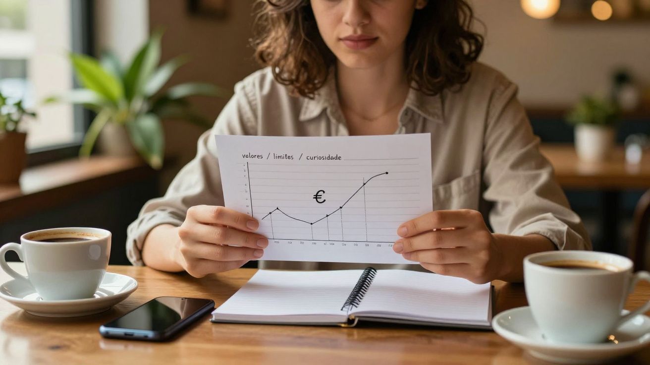 Mulher segurando gráfico de linha numa mesa com chávenas de café, bloco de notas e smartphone.