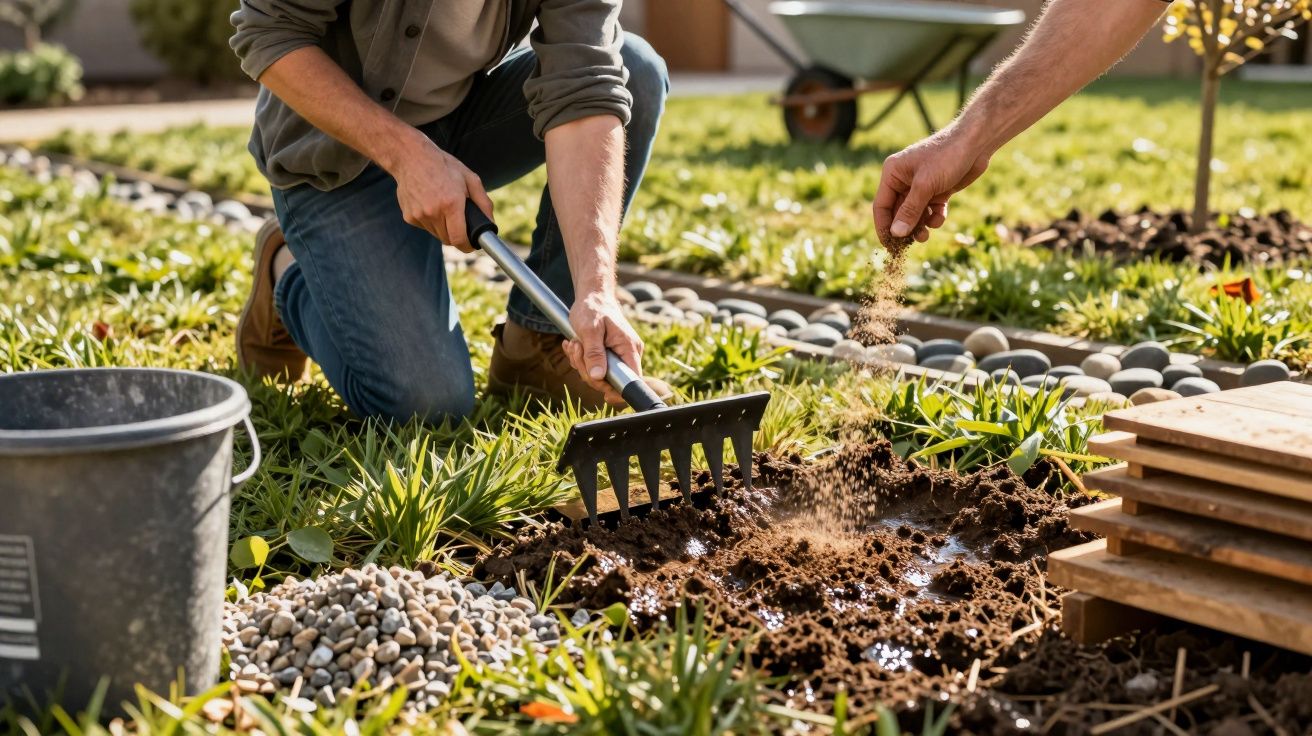 Duas pessoas a preparar o solo num jardim, uma usando um ancinho e outra espalhando terra, com pedras e madeira ao redor.