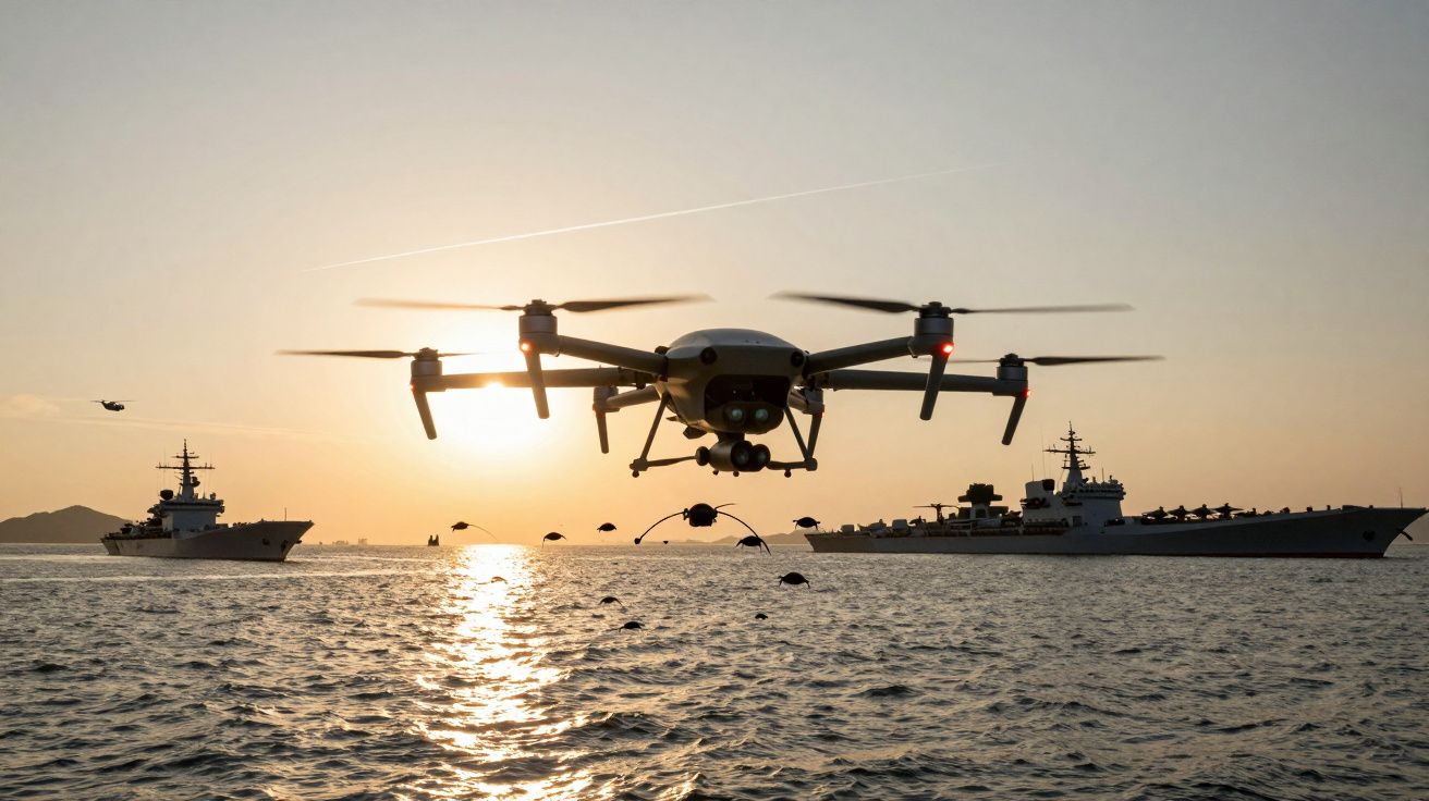 Drone a voar sobre o mar ao pôr do sol, com navios de guerra ao fundo.