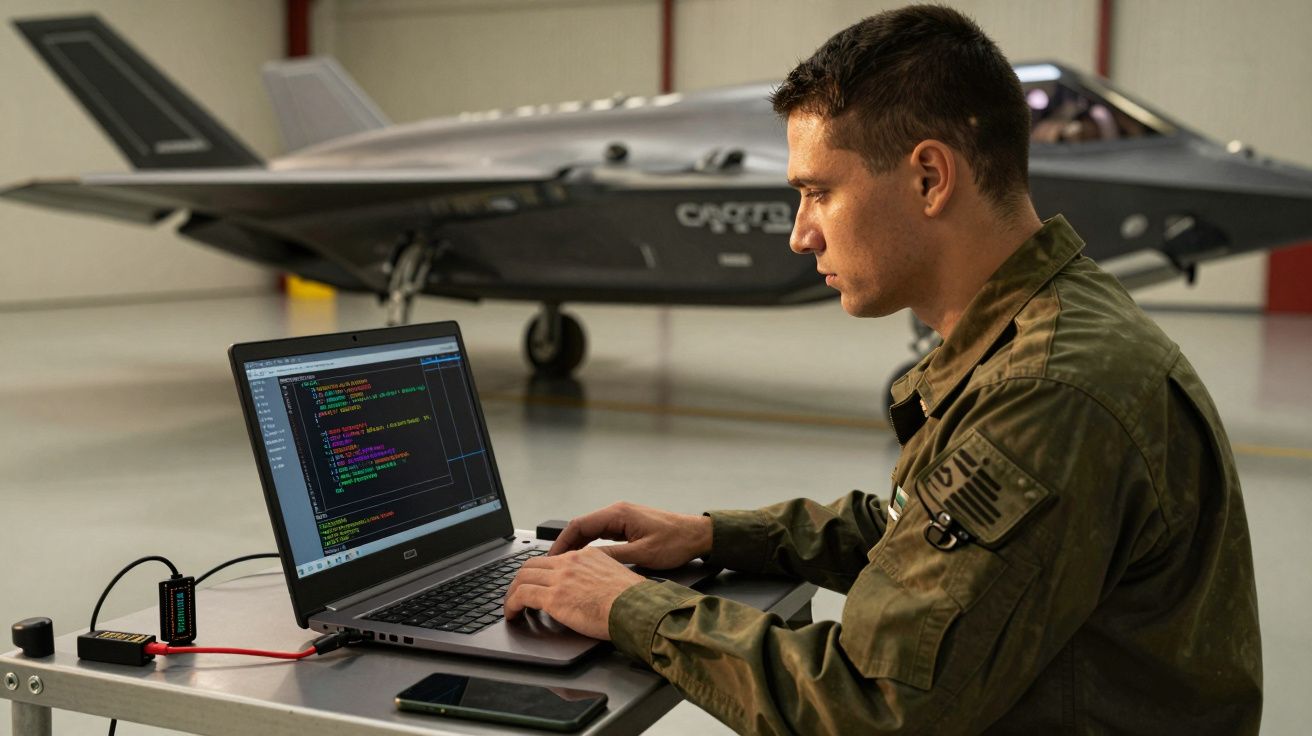 Militar a trabalhar num portátil numa base aérea, com um avião de combate ao fundo.