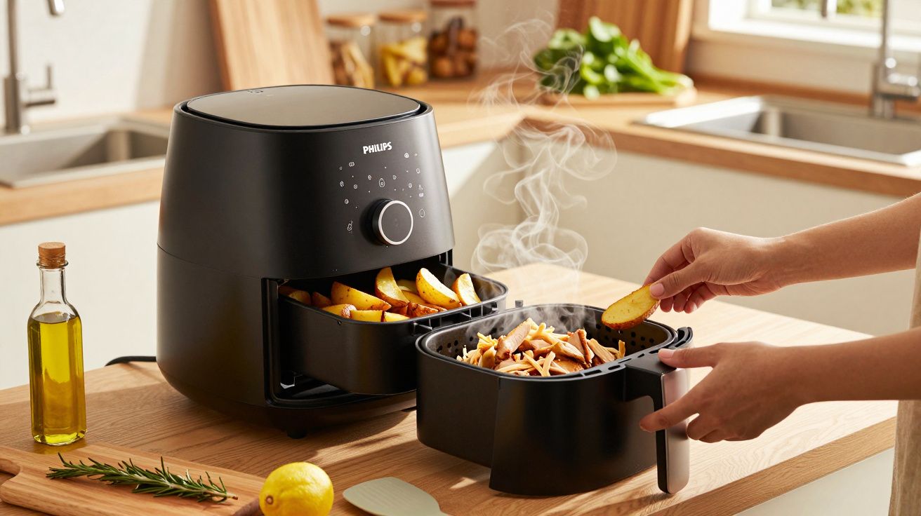 Pessoa a cozinhar batatas e vegetais numa fritadeira sem óleo numa cozinha moderna, com azeite e ervas ao lado.