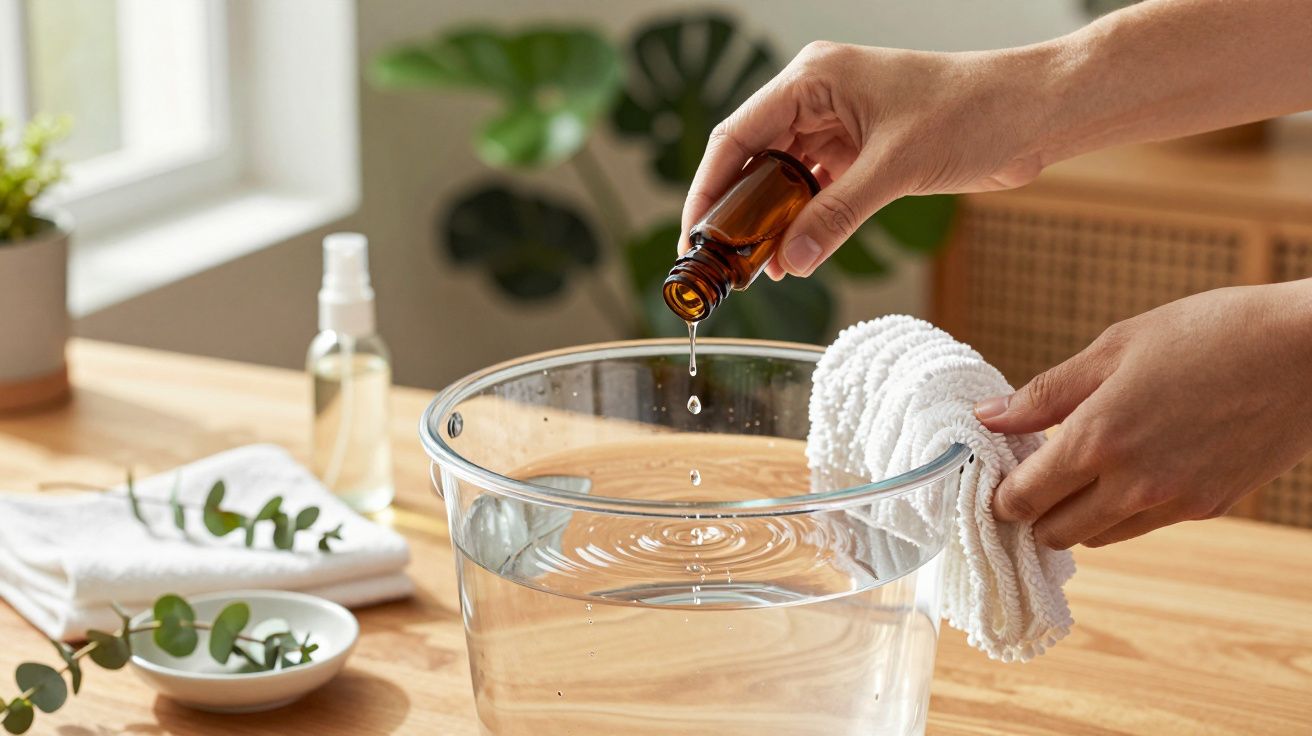 Mãos vertem óleo essencial em água numa taça de vidro, com toalha e plantas ao fundo numa mesa de madeira.