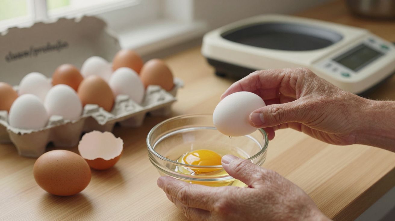 Mãos a quebrar um ovo numa tigela de vidro, com cartela de ovos e balança na mesa de madeira.