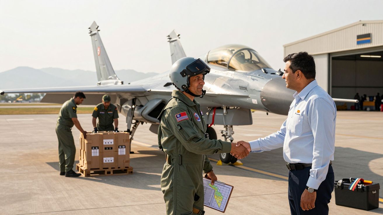 Piloto de caça com uniforme e capacete cumprimenta homem de camisa branca ao lado de um jato em hangar com montanhas ao fundo
