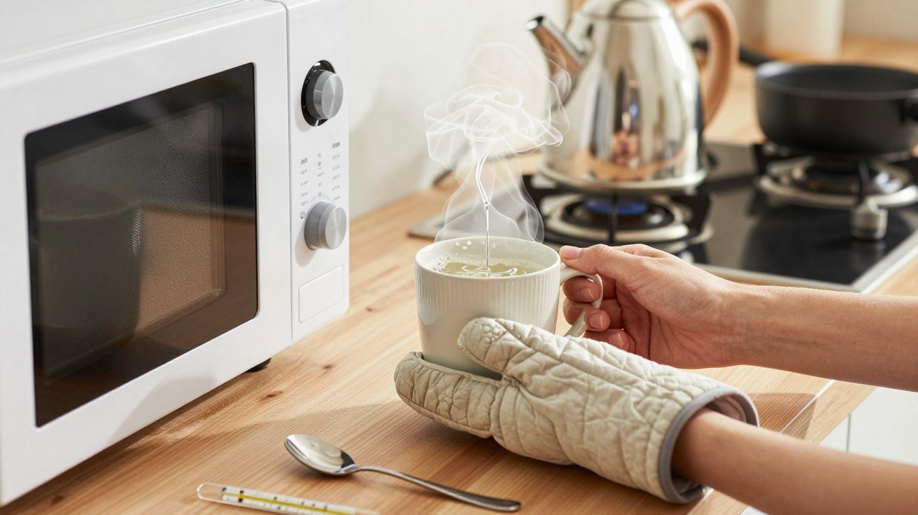 Pessoa segura uma chávena quente com uma luva de cozinha ao lado de um micro-ondas e um fogão a gás.