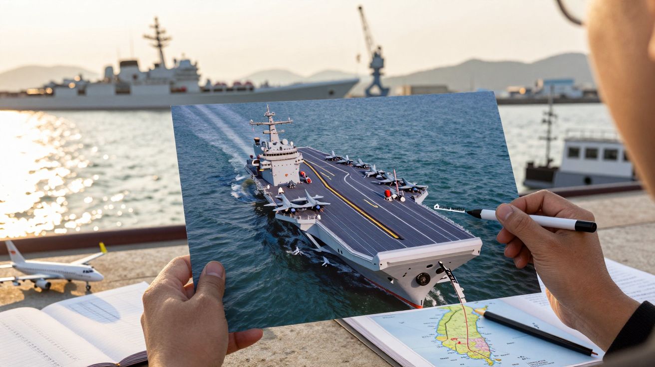 Pessoa segura imagem de porta-aviões sobre o mar, com mapas e miniatura de avião ao redor.
