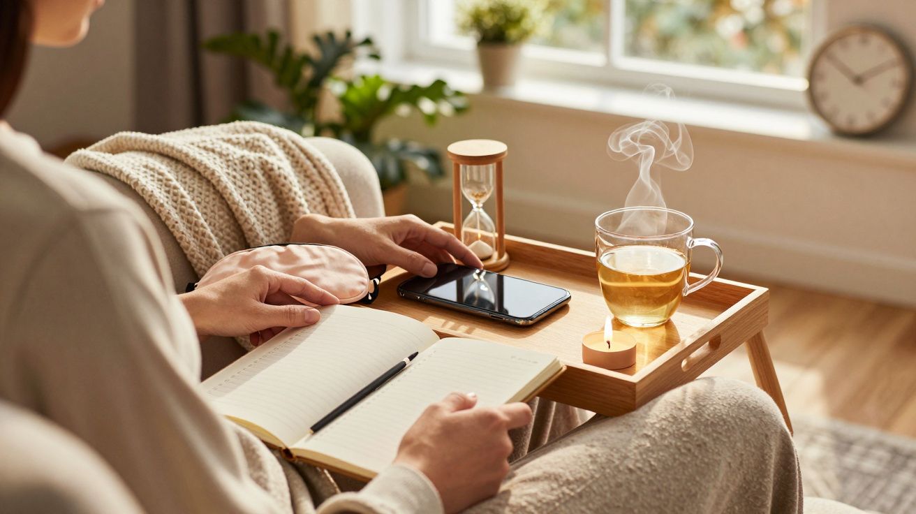Pessoa relaxa com bloco de notas, ampulheta e chá quente numa bandeja de madeira, perto de uma janela em dia ensolarado.