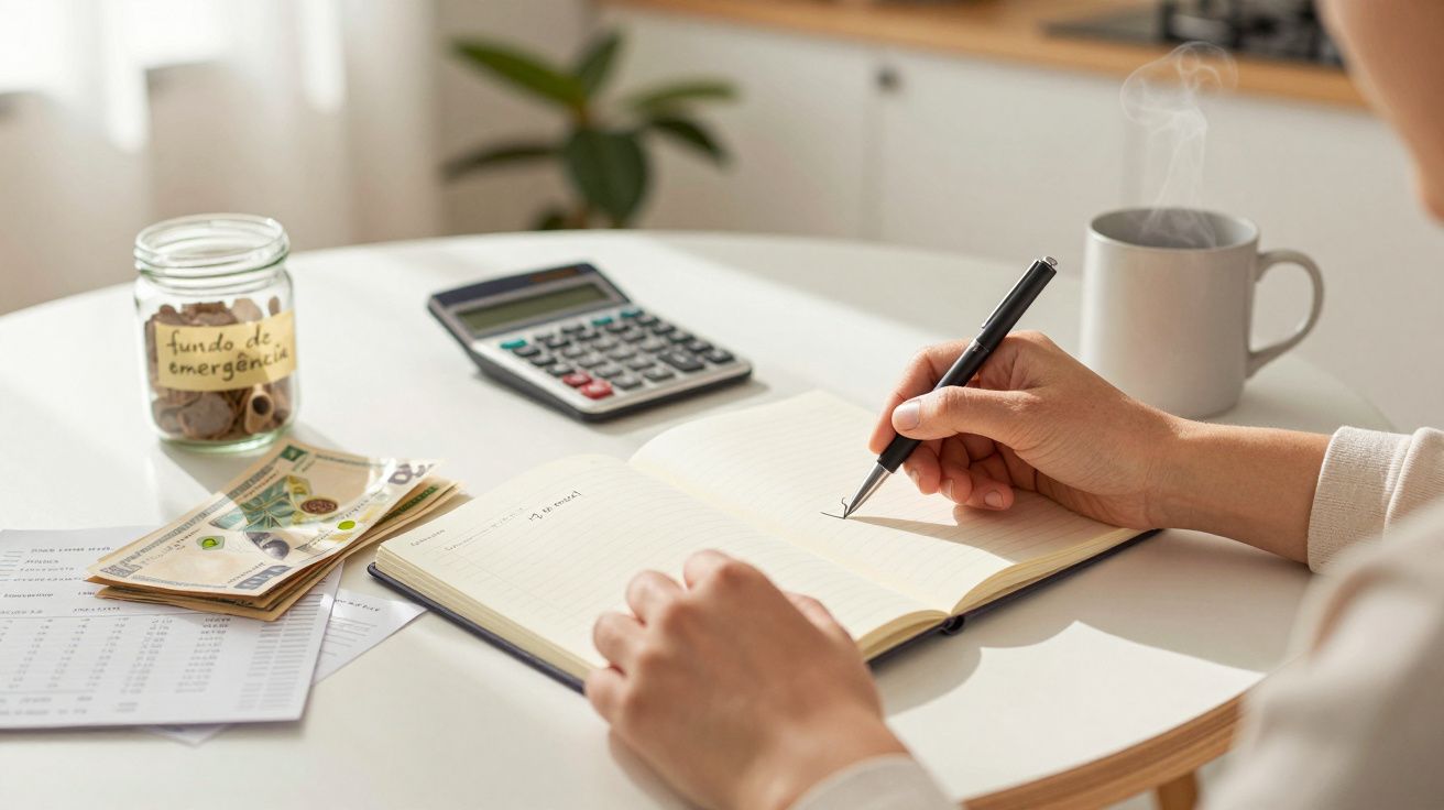 Pessoa escreve num caderno numa mesa com calculadora, notas de euro, jarra etiquetada "fundo de emergência" e chávena.