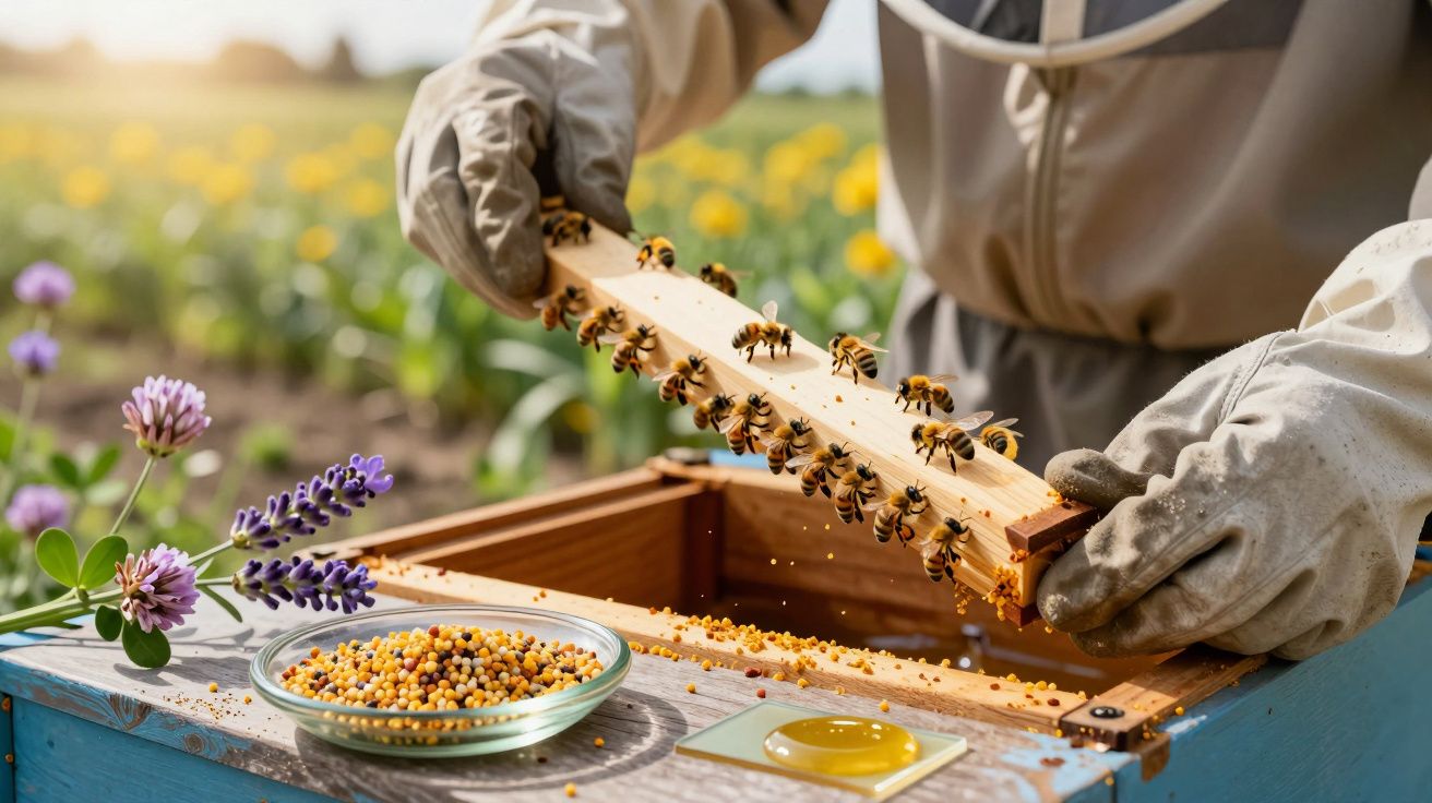 Apicultor a manusear quadro de colmeia com abelhas, perto de prato com pólen e mel, em campo florido.
