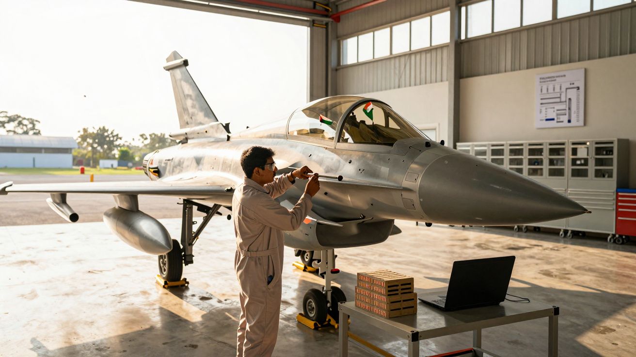 Técnico inspeciona um jato de combate em hangar, com laptop e caixas numa mesa próxima.