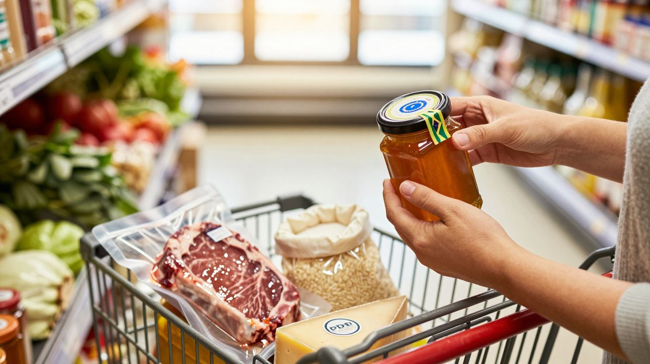 Pessoa segura um frasco de mel num supermercado, carrinho com carne, arroz e queijo ao lado.