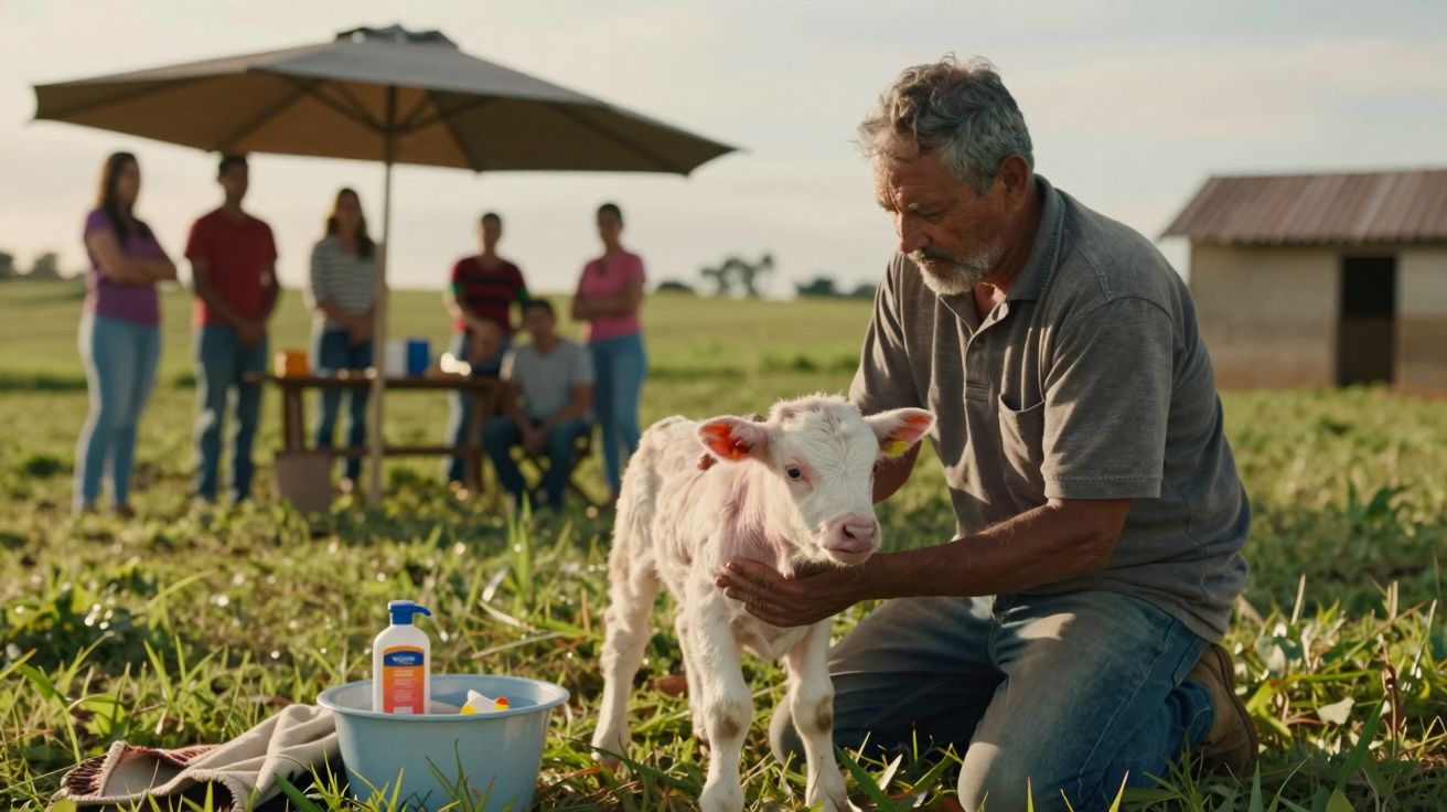 Homem acariciando vitelo branco numa pastagem, com pessoas ao fundo junto a uma mesa e chapéu de sol.