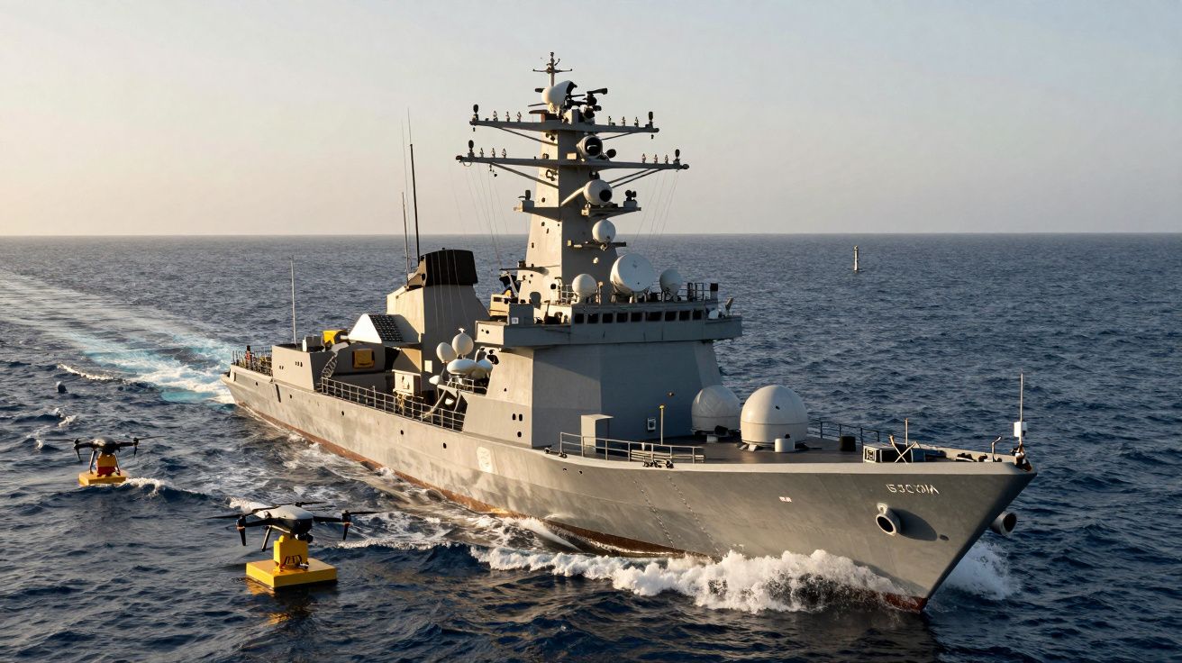 Navio militar cinza navega no mar com dois barcos menores ao lado, sob um céu limpo ao entardecer.