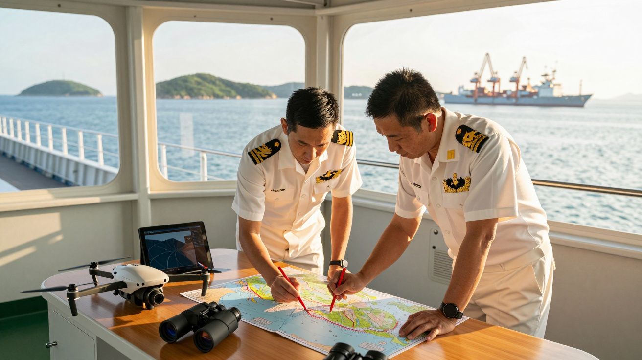 Dois oficiais navais analisam um mapa numa ponte de comando, com um drone e binóculos sobre a mesa.