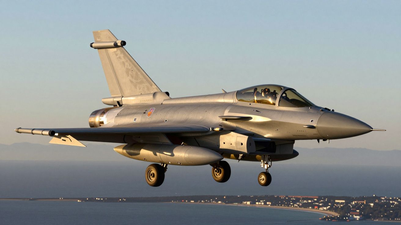 Avião de combate prateado a voar sobre uma paisagem costeira ao pôr do sol.