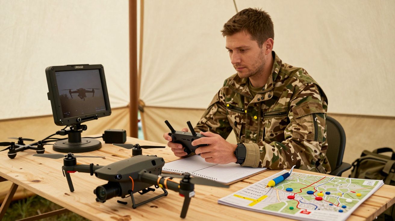 Homem camuflado opera drone com comando, monitor e mapa em mesa de madeira numa tenda.