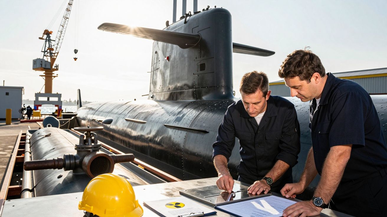 Dois homens analisam documentos ao lado de um submarino em um estaleiro, com capacete de segurança ao fundo.