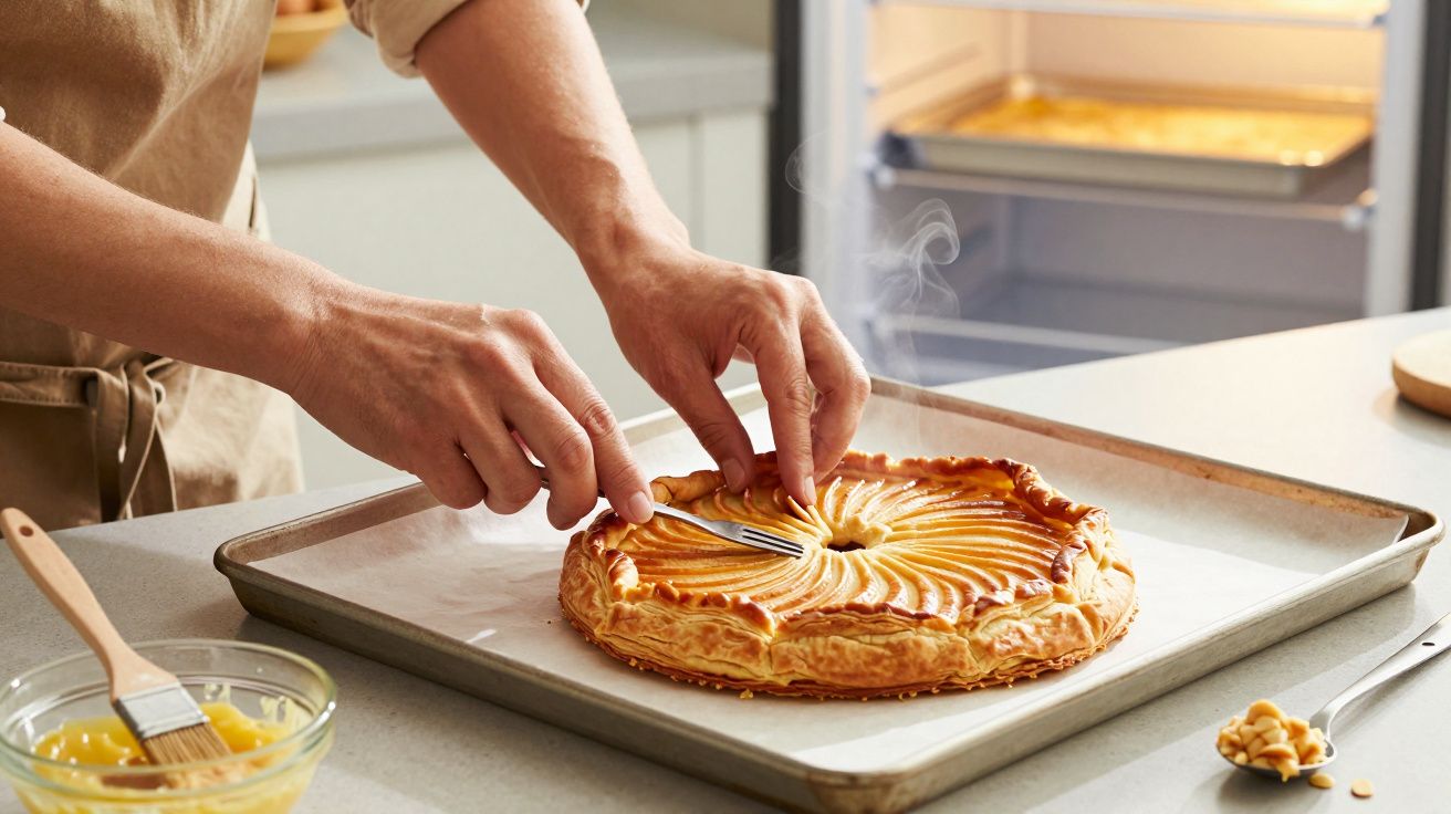 Pessoa a decorar uma tarte redonda dourada com um garfo, numa cozinha.