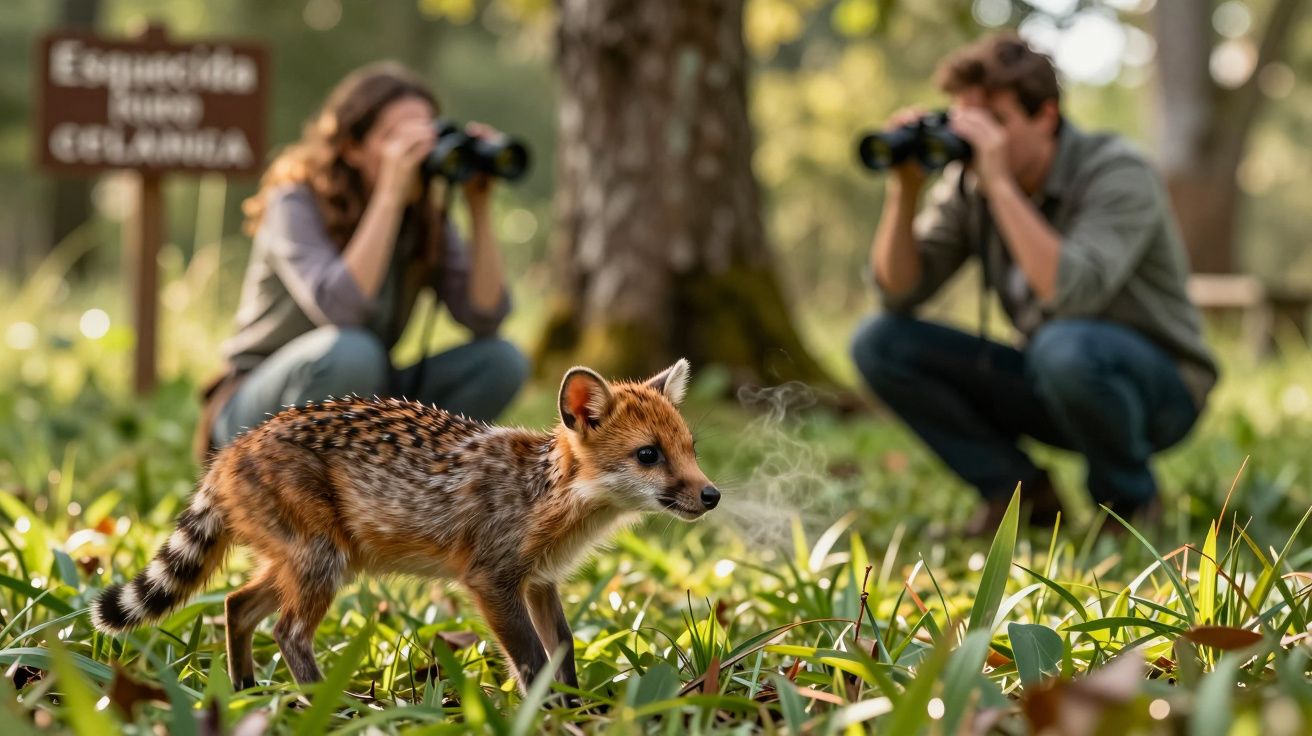 Raposa a caminhar na relva enquanto duas pessoas observam com binóculos ao fundo, em cenário natural.