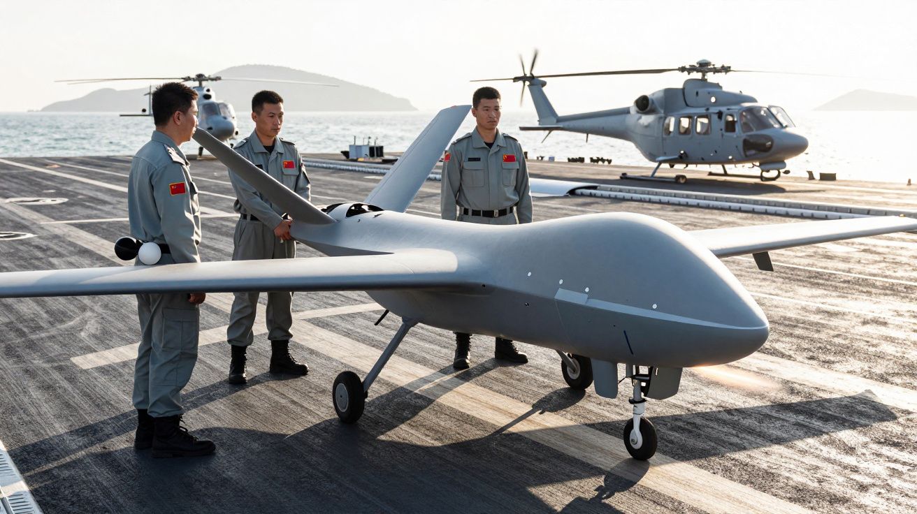 Três homens em uniforme militar observam um drone cinza num convés de navio, com um helicóptero ao fundo.