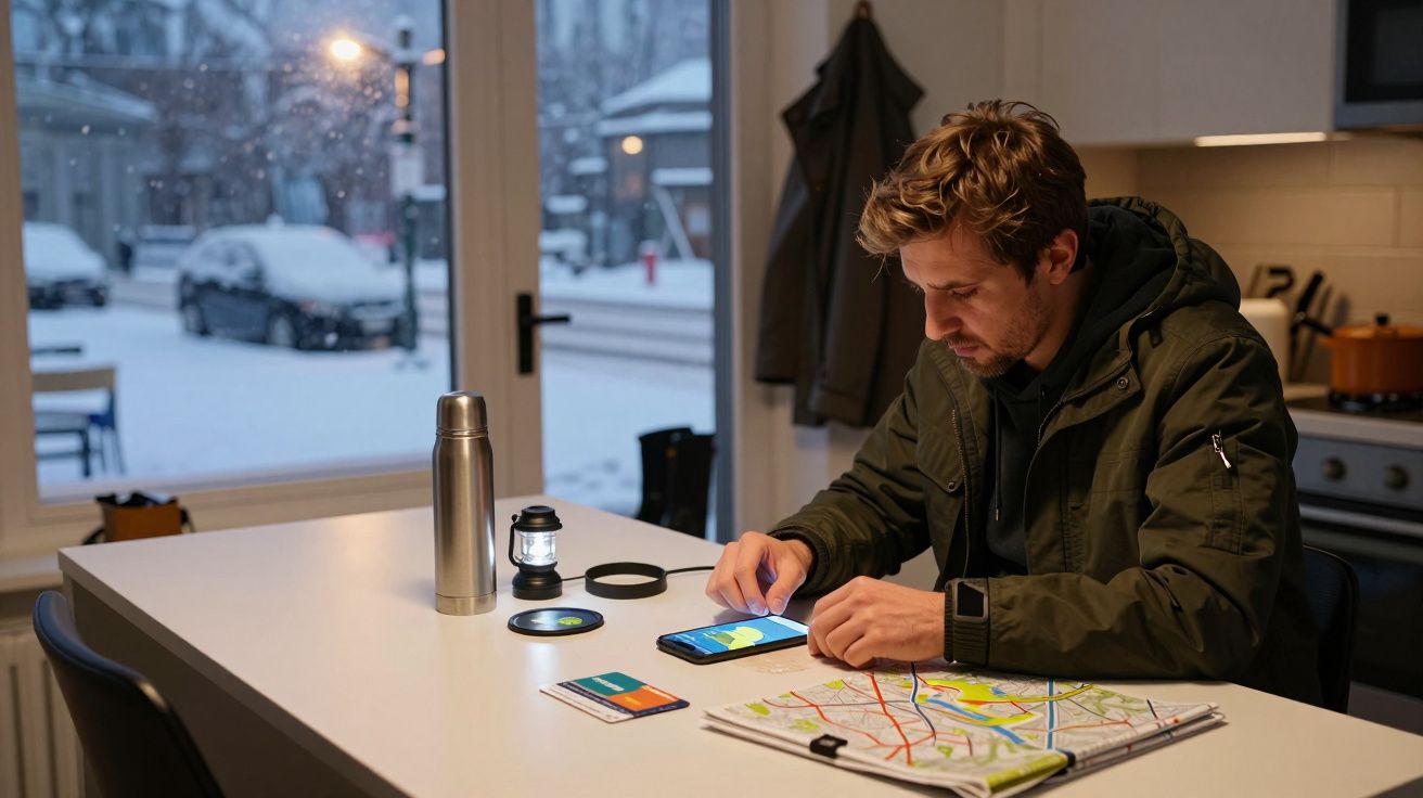 Homem a usar telefone e mapa numa cozinha enquanto neva lá fora. Mesa com lanterna, garrafa e outra tecnologia.