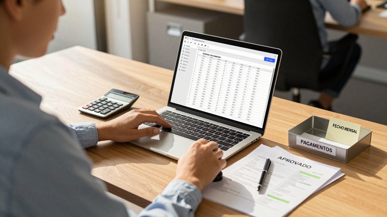 Pessoa trabalha com folha de cálculo no portátil, calculadora e documento "Aprovado" na mesa. caixas com documentos.