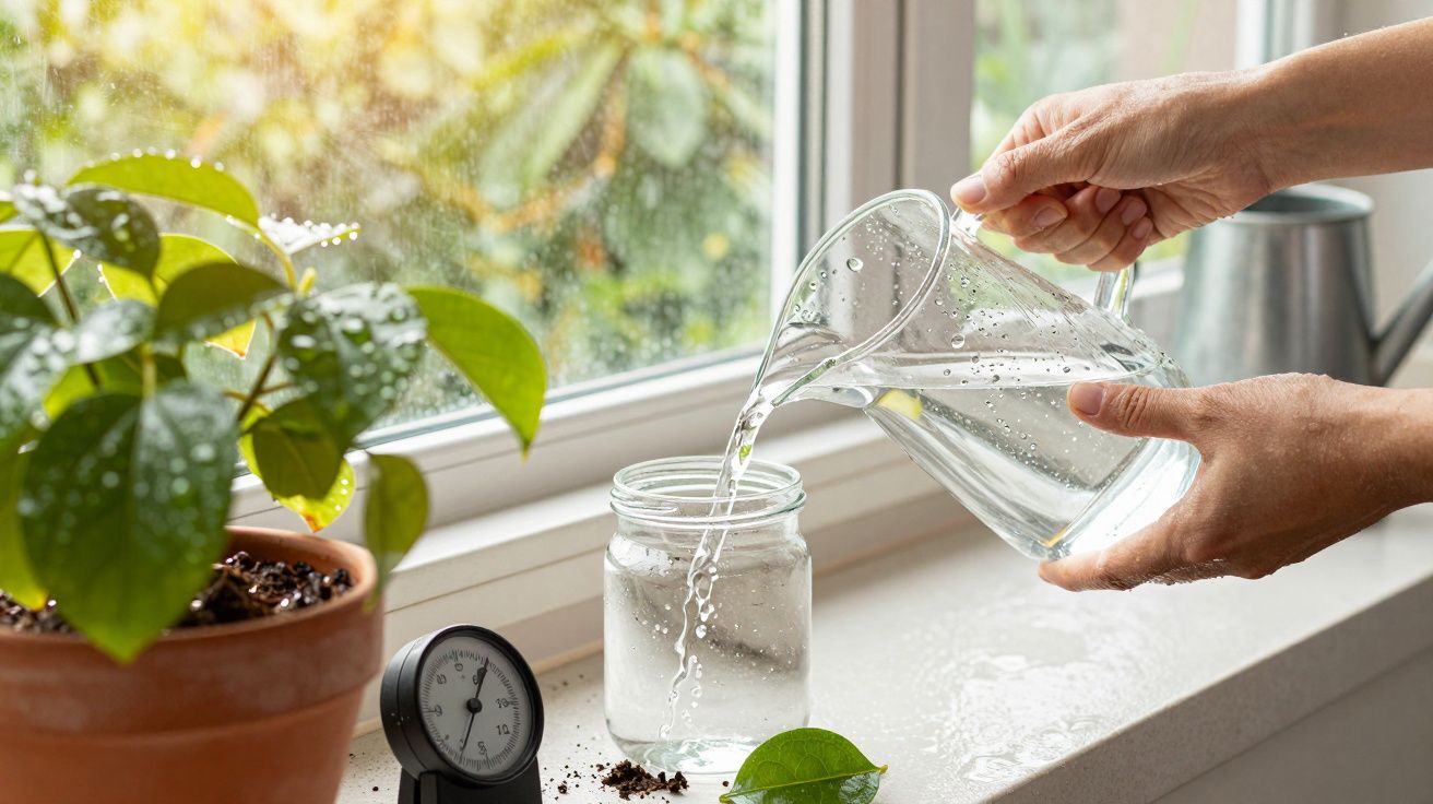 Mãos vertem água de um jarro para um frasco, ao lado de planta em vaso e termómetro, com vista para janela ensolarada.