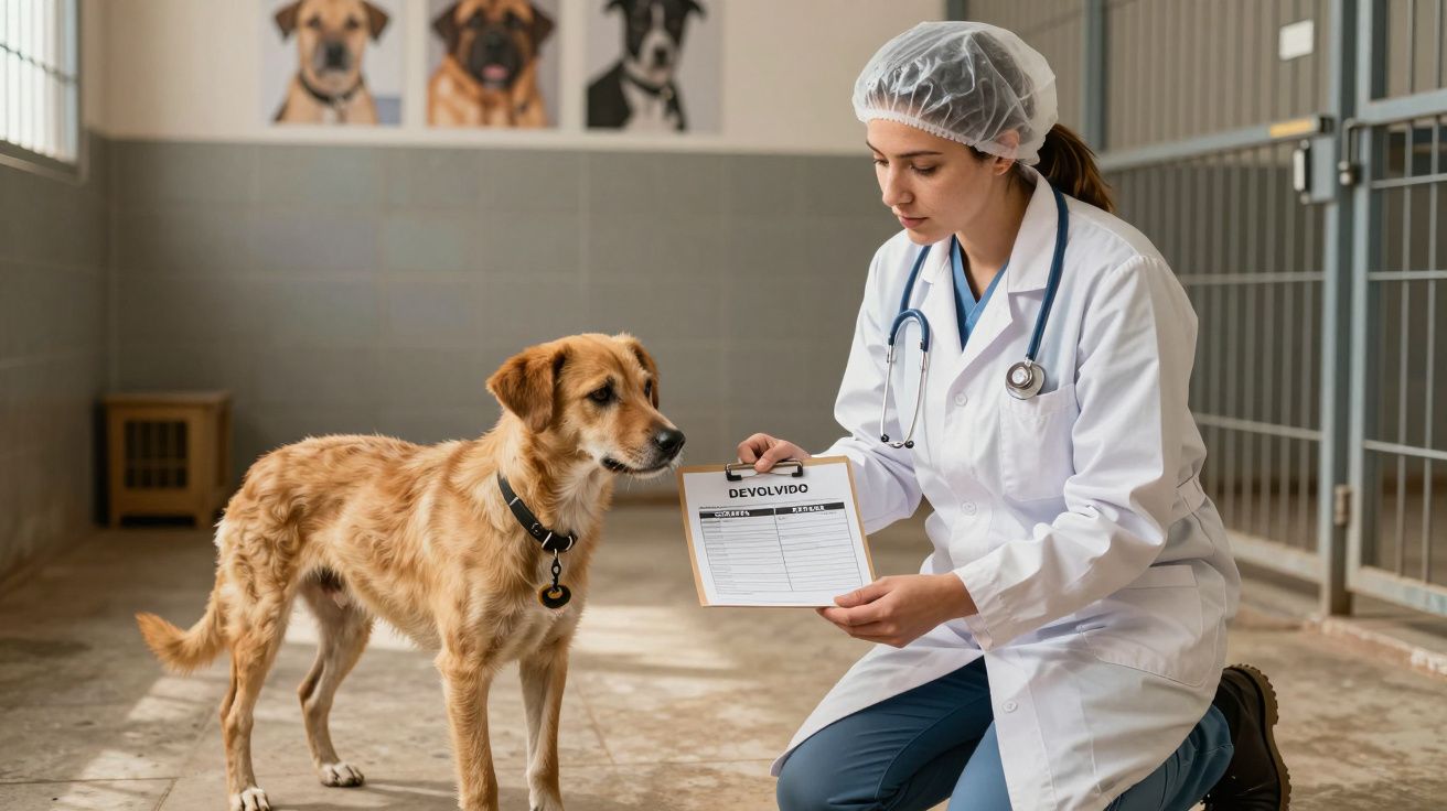 Veterinária segura uma ficha ao lado de um cão de pêlo castanho, num consultório com posters de cães na parede.