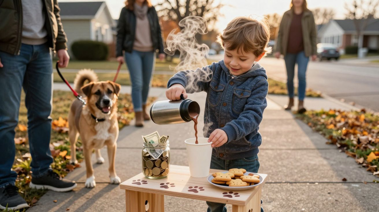Criança a servir bebida quente num copo, com bolachas e moeda numa mesa, enquanto um cão passeia com pessoas ao fundo.
