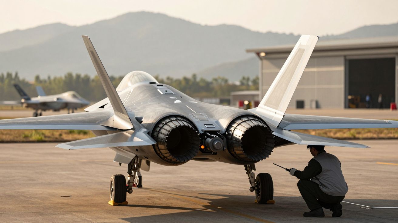 Jato militar cinzento em pista, com técnico agachado ao lado e montanhas ao fundo.