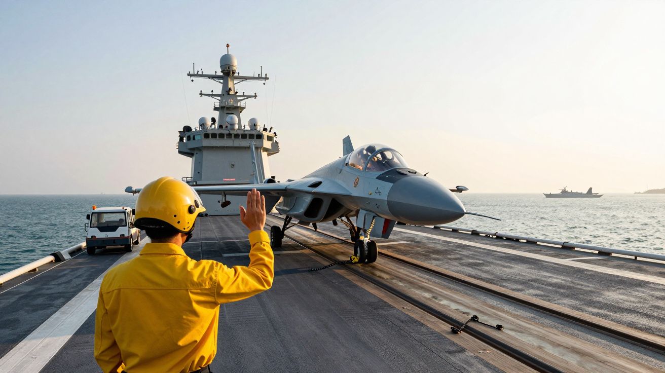 Pista de porta-aviões com avião preparado para decolagem e operador em uniforme amarelo dando instruções.
