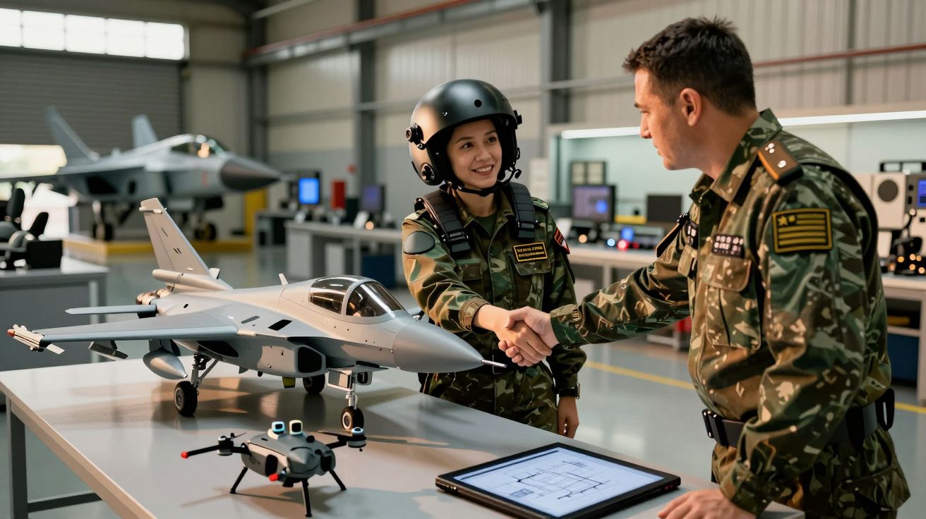 Militares em uniforme camuflado apertam as mãos numa oficina com modelos de aviões em cima da mesa.