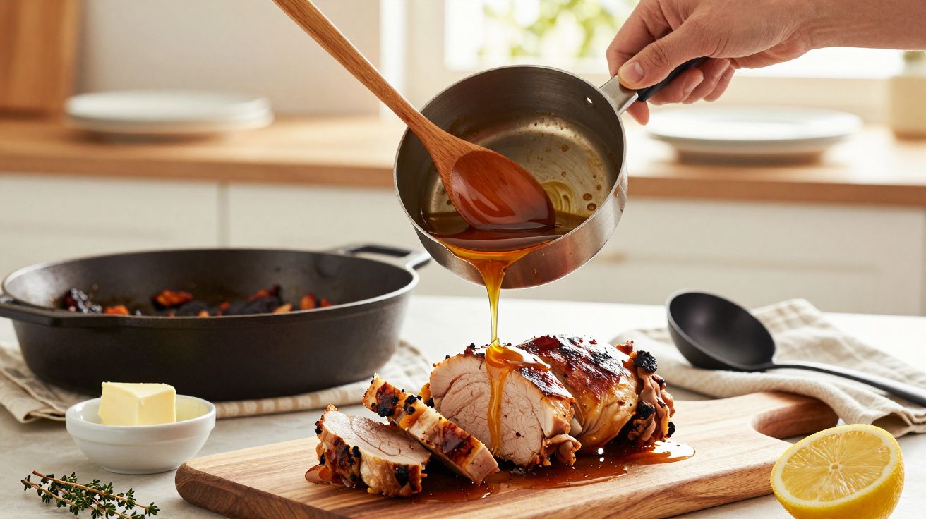 Pessoa derrama molho sobre carne assada fatiada em tábua de madeira, com manteiga e limão ao lado, na cozinha.