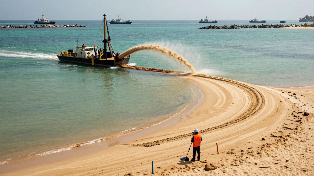 Homem observa draga no mar a depositar areia na praia, formando uma curva suave durante obra de recuperação costeira.