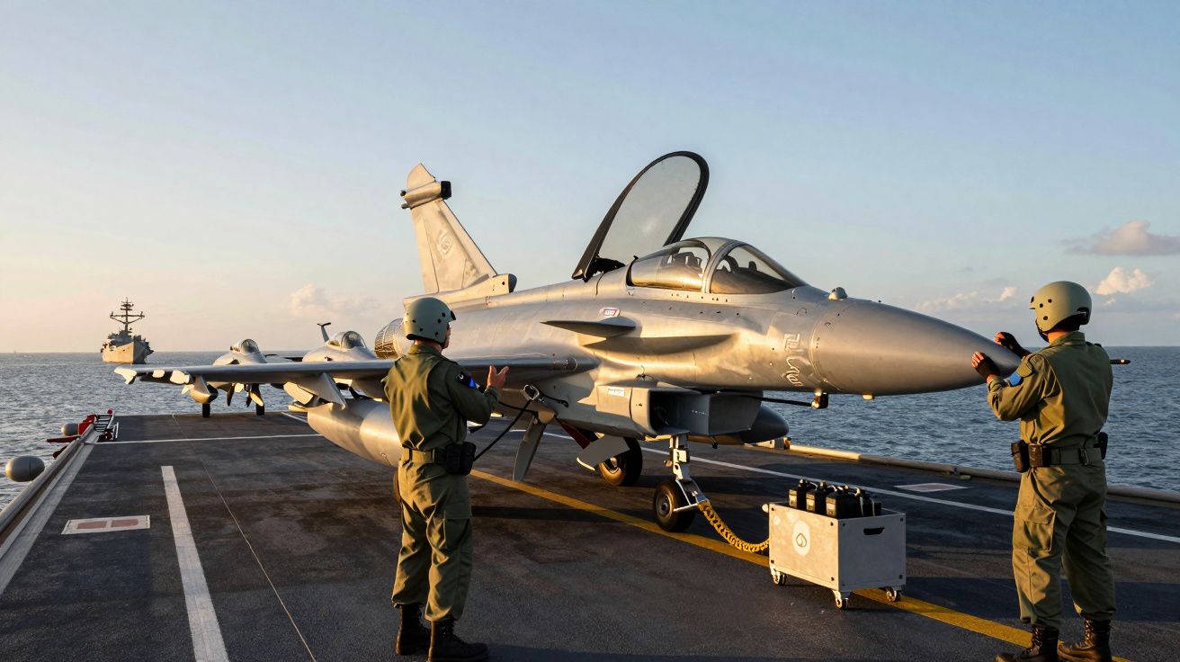 Dois militares junto a um caça a jato cinzento num convés de porta-aviões ao pôr do sol.