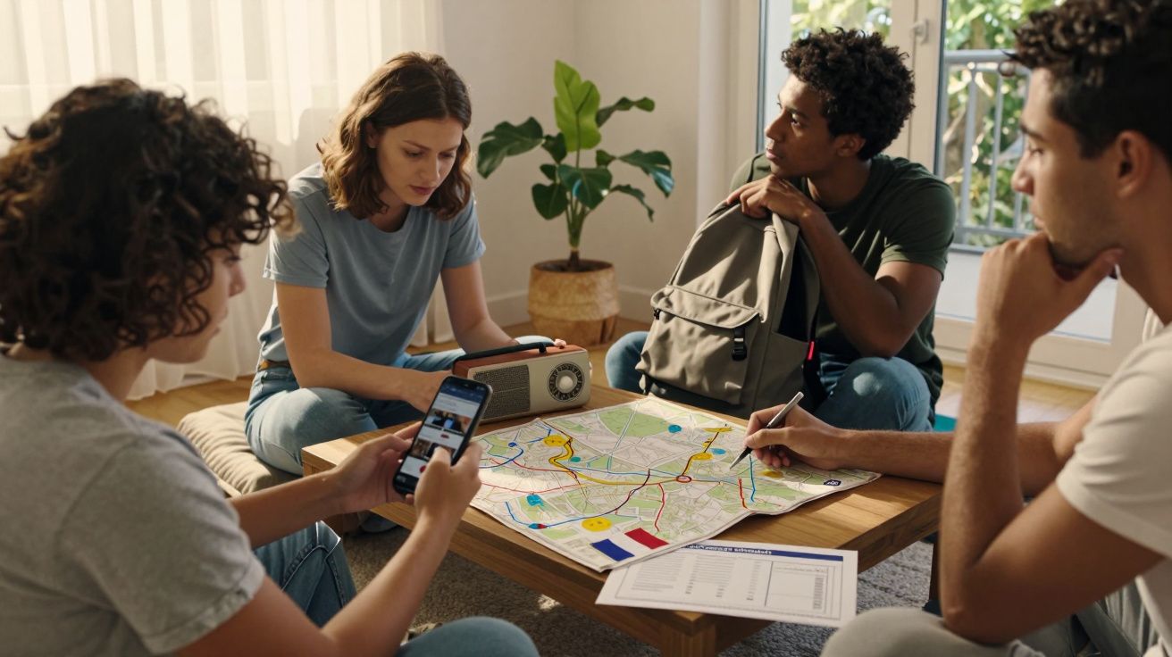 Quatro pessoas planeiam viagem ao redor de uma mesa com mapa; uma usa um telemóvel, outra escreve.