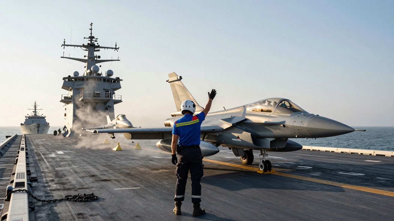 Oficial orienta caça a jato para decolagem em porta-aviões no mar, perto de outro navio ao fundo.