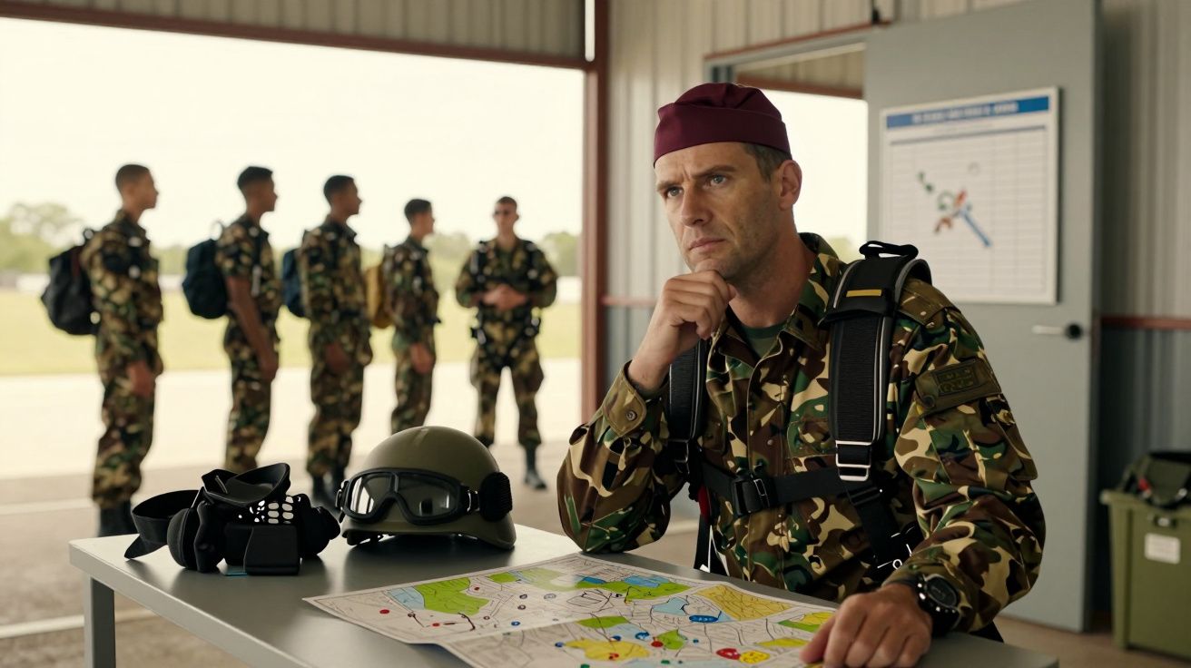 Soldado em farda camuflada sentado, com mapa na mesa e capacete; grupo de militares ao fundo em formação.