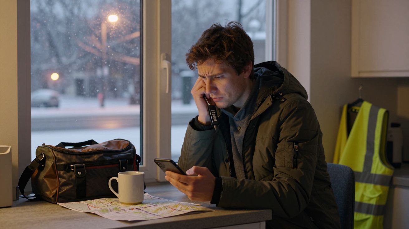 Homem com casaco escuro usa telemóvel e telefone fixo, sentado à mesa com mapa e chávena, janela com neve ao fundo.