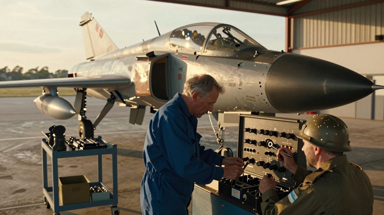 Dois homens trabalham numa consola em frente a um caça a jato num hangar.