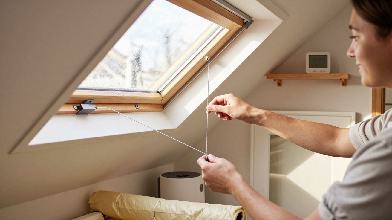 Pessoa ajusta estore numa janela de sótão inclinada, com painel de madeira e cortina amarela ao fundo.