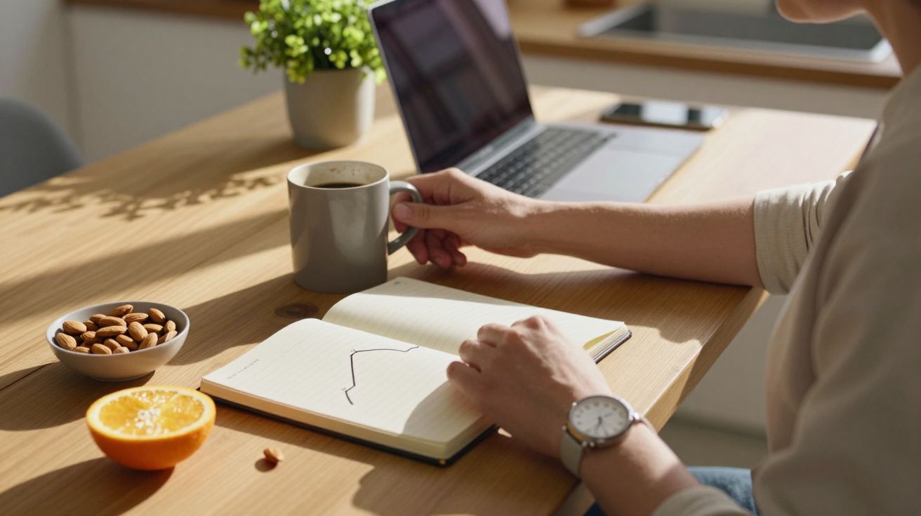 Pessoa segurando caneca de café, anota em caderno, com computador, amêndoas e laranja sobre a mesa de madeira.