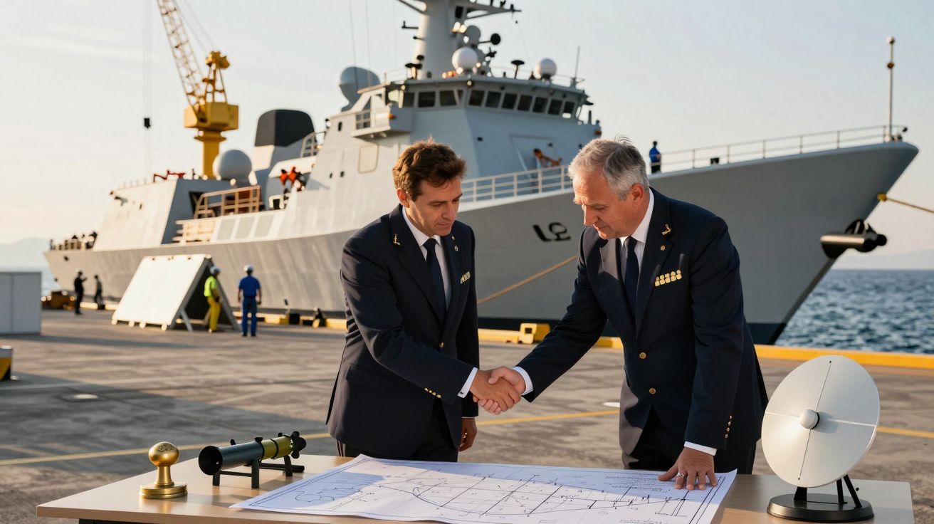 Dois homens de uniforme apertam as mãos em frente a um navio militar, com planilhas sobre uma mesa na doca.