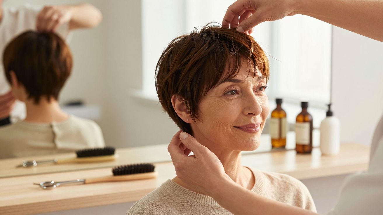 Mulher sorrindo enquanto cabeleireiro ajusta seu cabelo curto em salão de beleza iluminado.