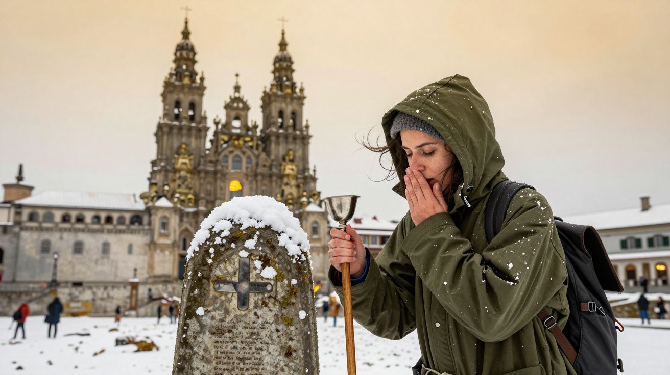 Mulher peregrina emocionada na Praça do Obradoiro, frente à Catedral de Santiago, com neve.