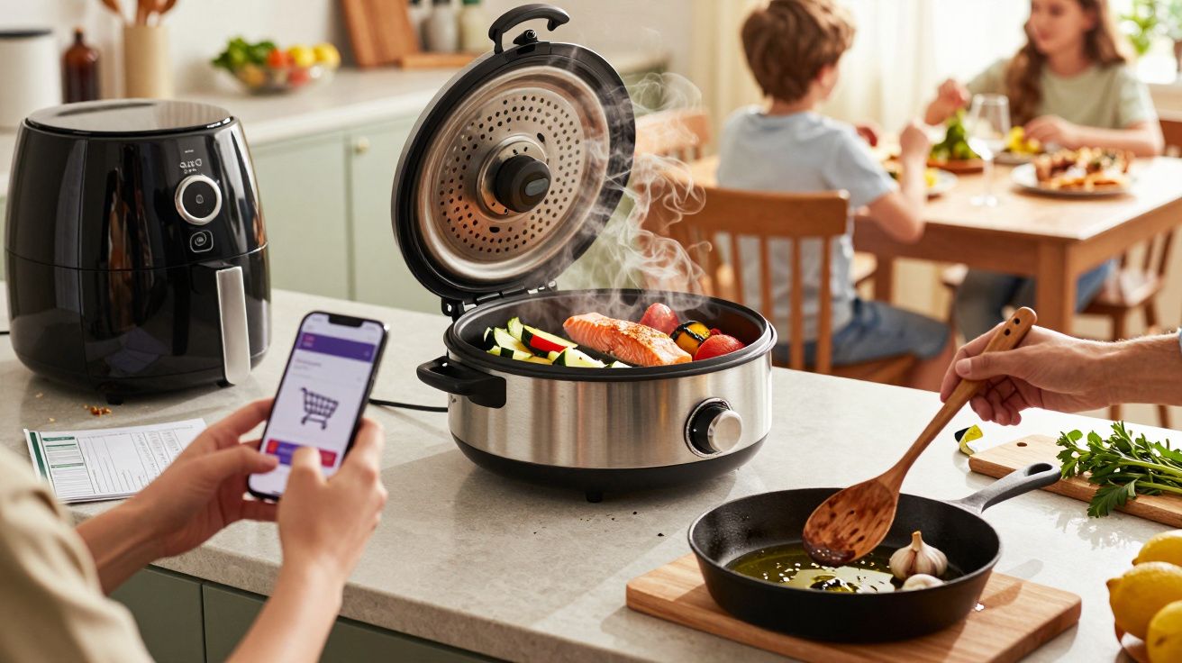 Pessoa usa smartphone enquanto cozinha legumes e salmão numa panela elétrica. Pessoas ao fundo na mesa de jantar.