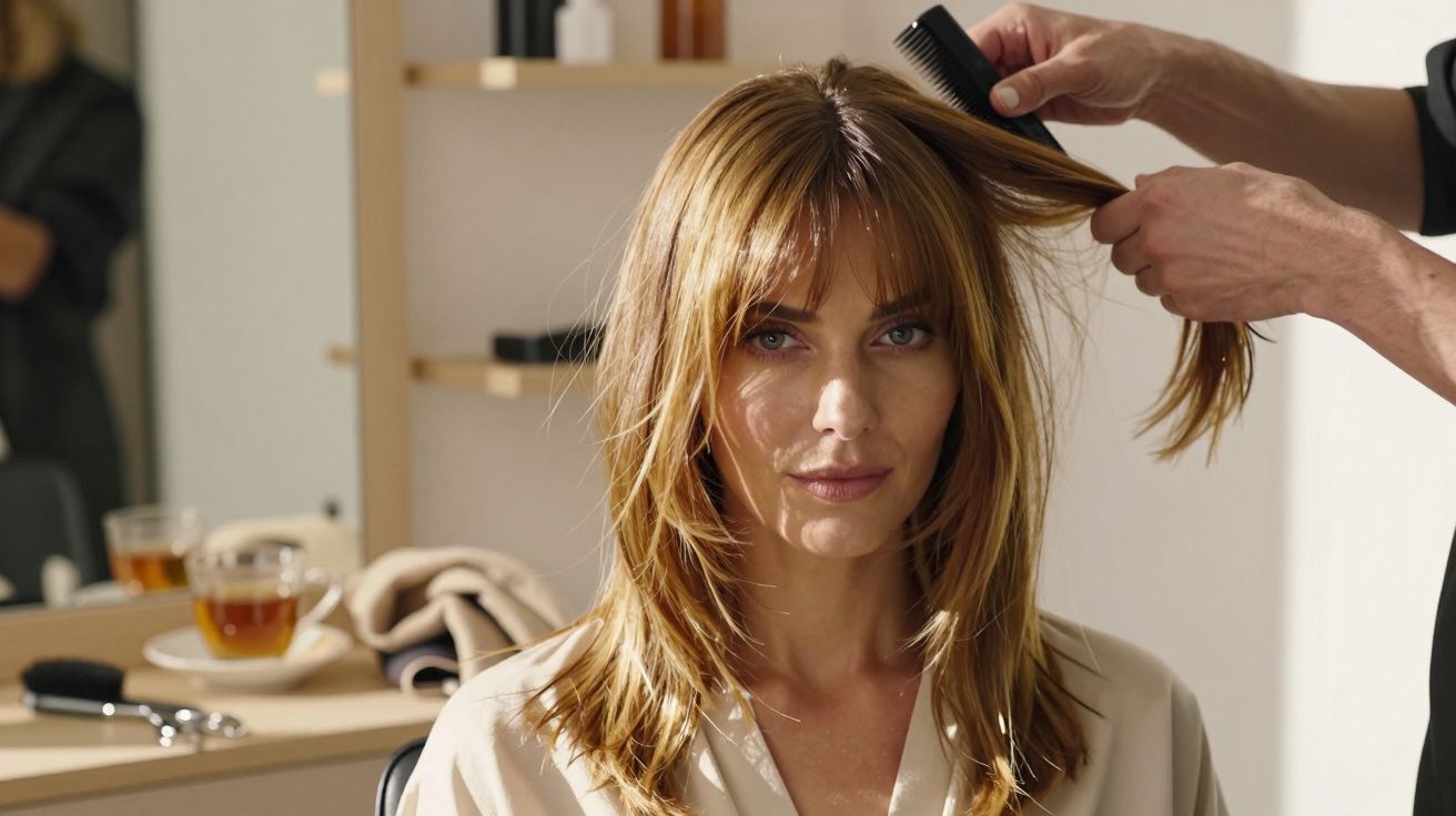 Mulher com cabelo castanho recebe corte de cabelo em salão, com chá na mesa ao fundo.