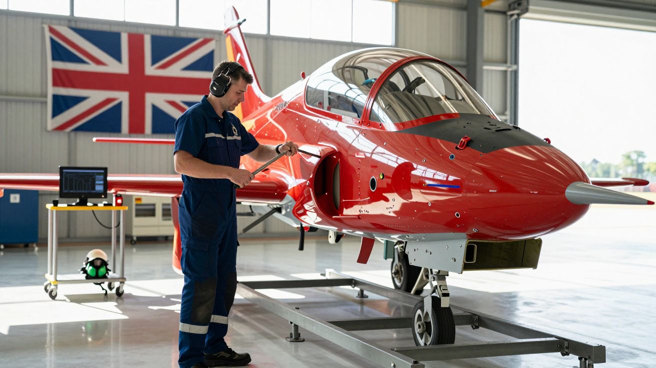 Técnico inspeciona avião vermelho em hangar, com bandeira do Reino Unido ao fundo.