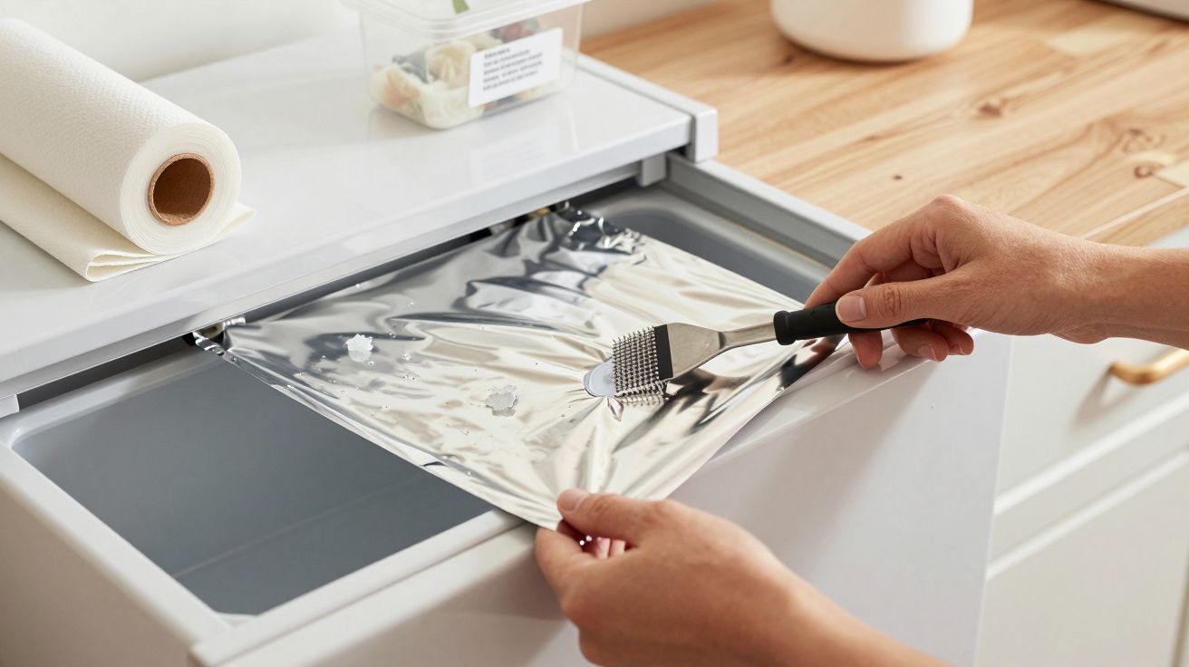 Pessoa a cortar folha de alumínio com uma faca numa cozinha, com bancada de madeira e rolo de papel ao lado.